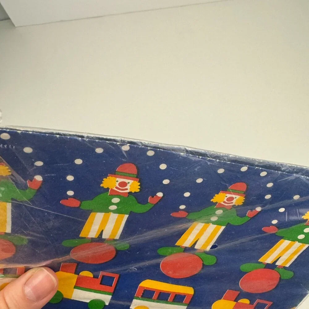 Vtg Child Gift‎ Wrap Company Paper Blue Clowns Trains Horses 2 Sheets in Pack